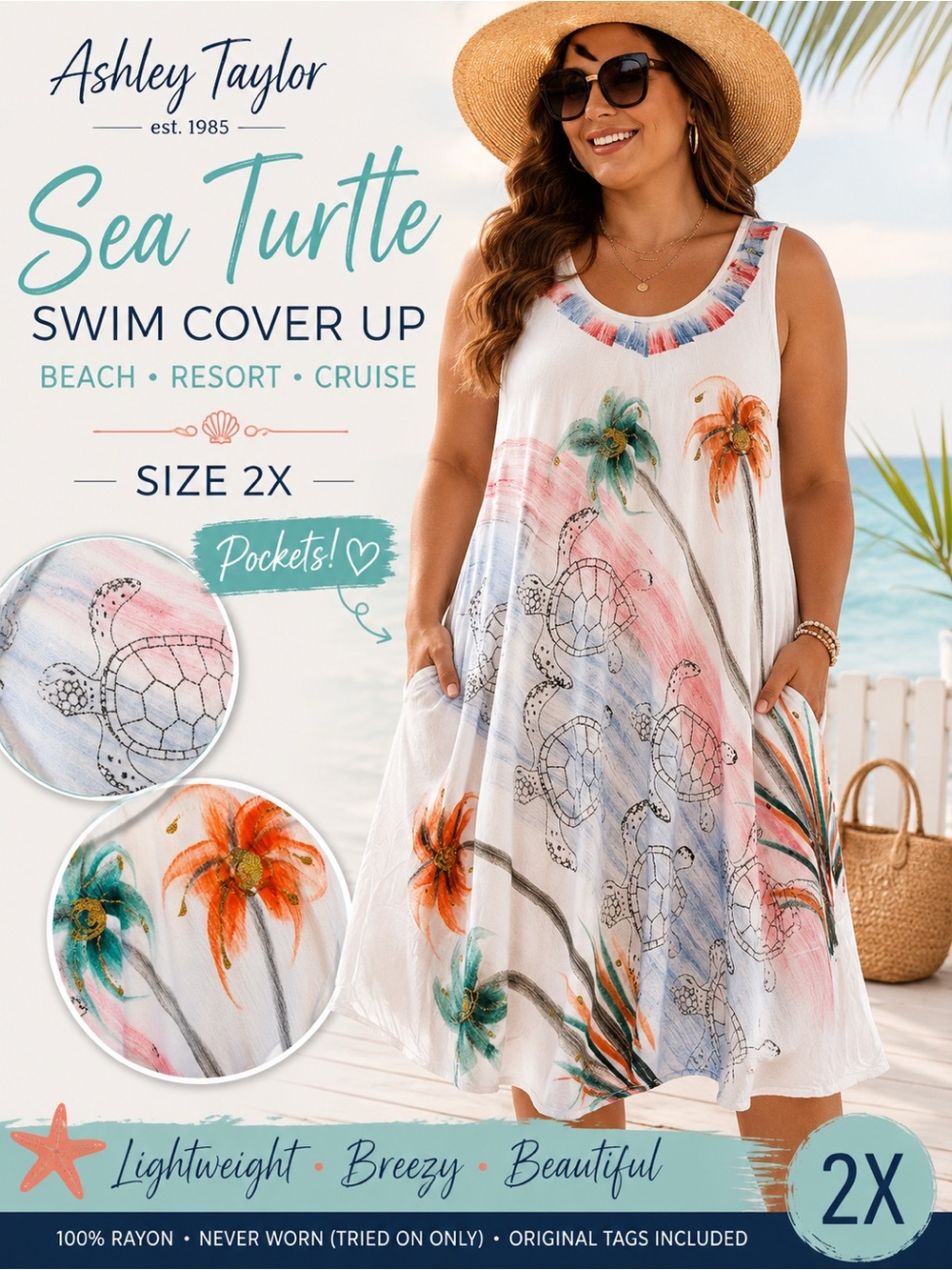 Ashley Taylor 2X Sea Turtle Floral Hand-Painted Look Pocket Swim NWOT Cover up